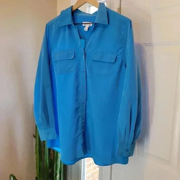 D&Co Beautiful Blue Business Casual Button Up Longsleeve Shirt, Size XL Pockets - Picture 3 of 8
